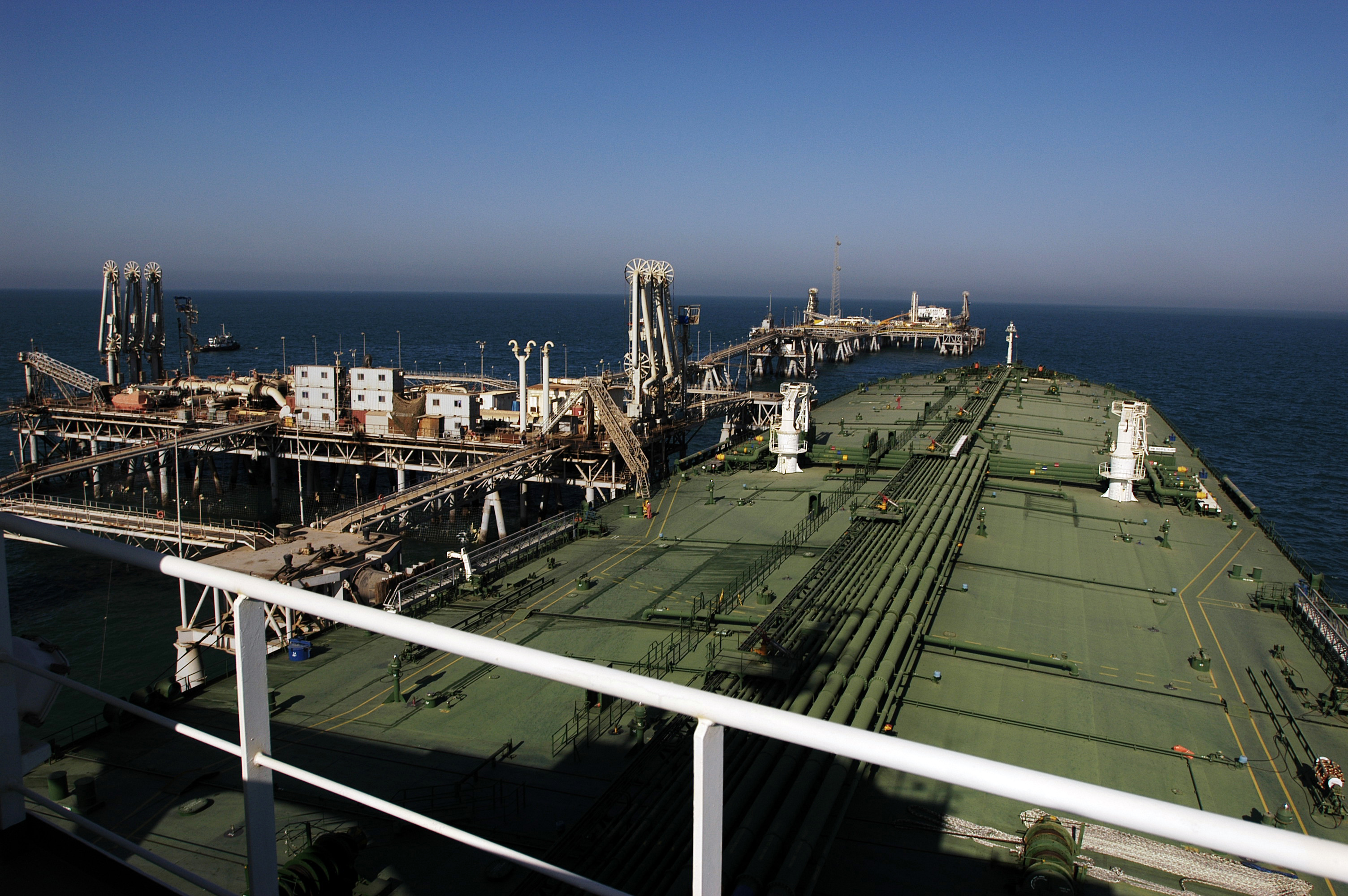Oil tanker taking on crude at Al Basrah Oil Terminal in the Persian Gulf