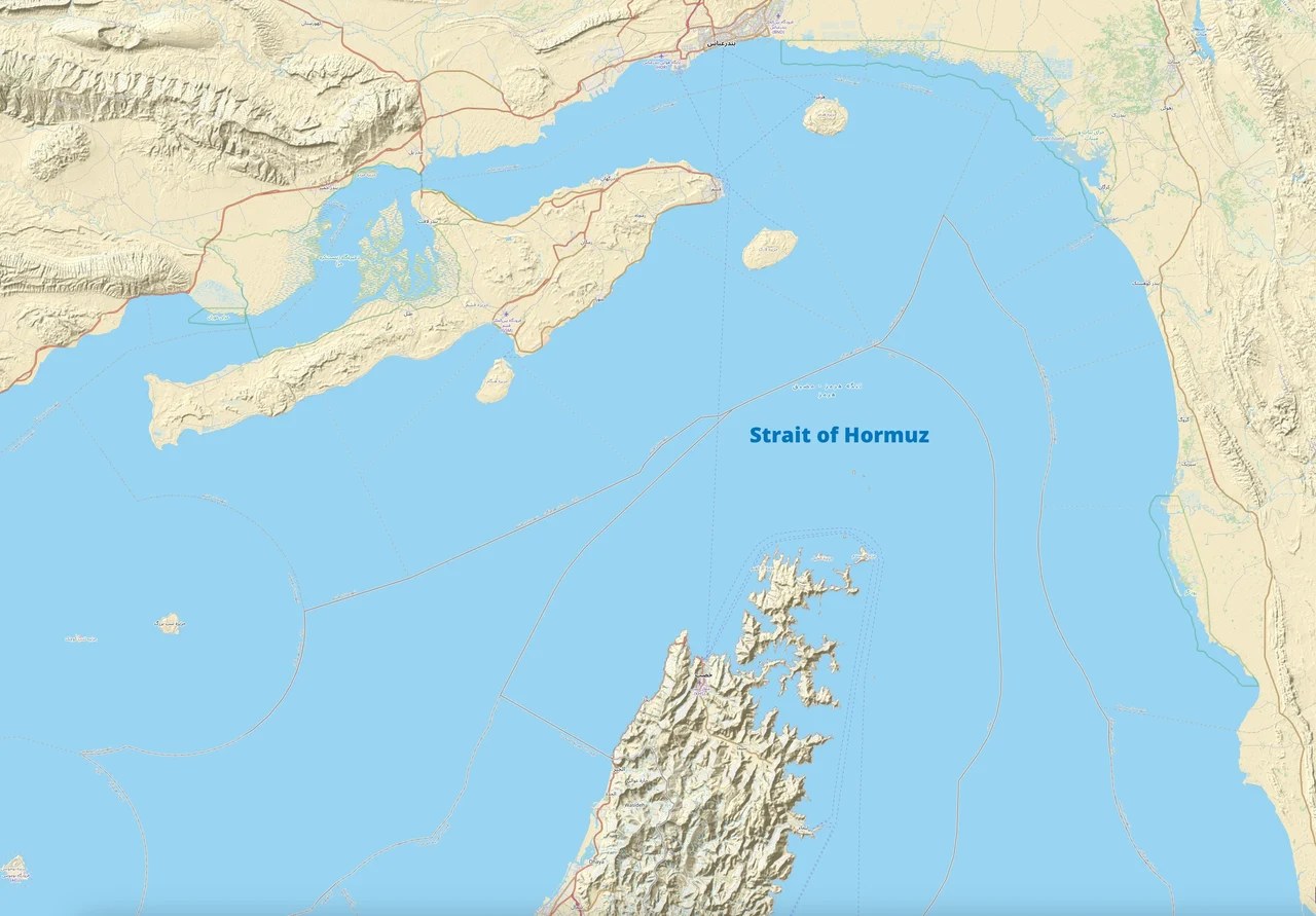 OpenStreetMap overview of the Strait of Hormuz and nearby islands