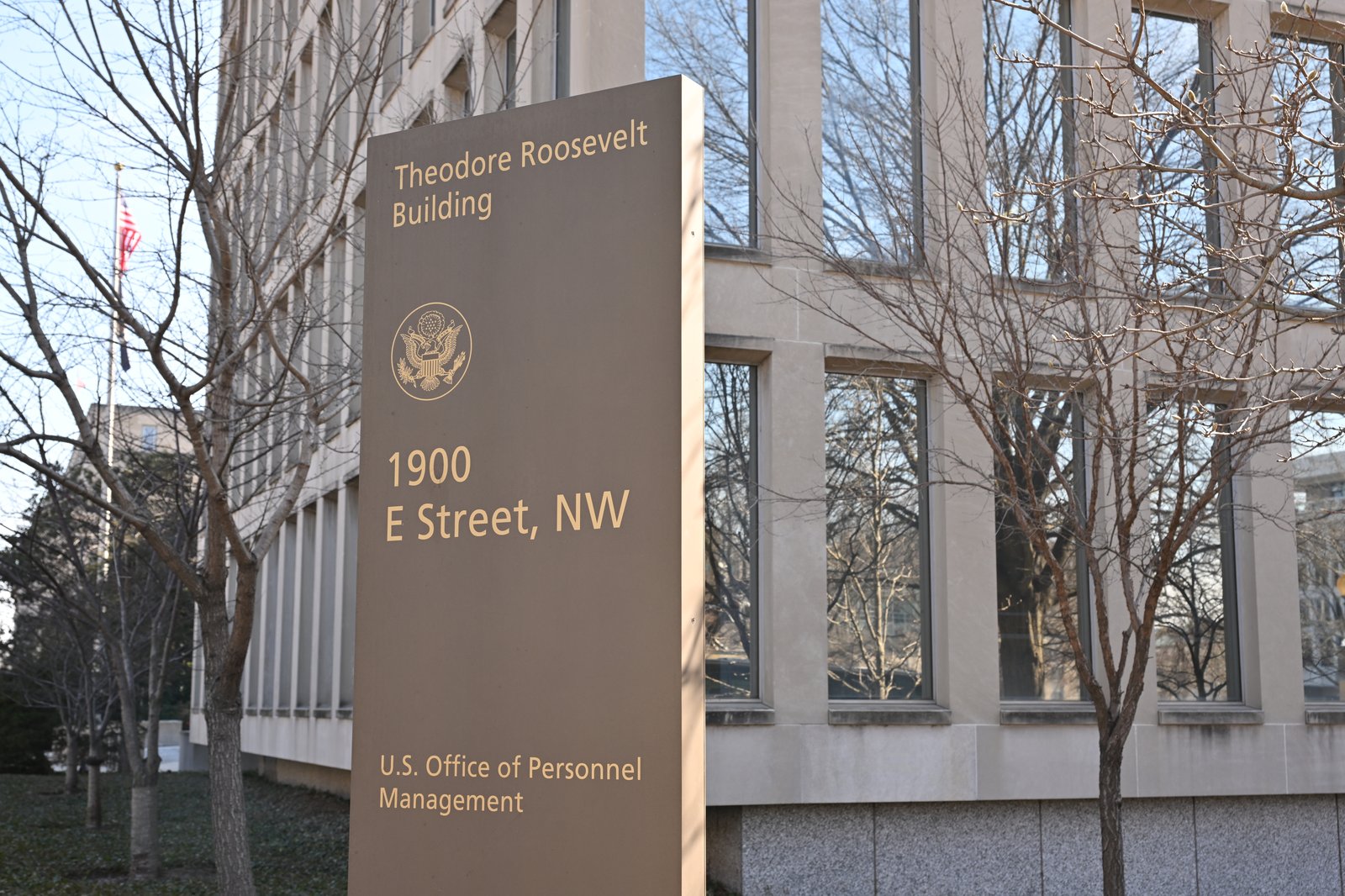 Office of Personnel Management sign at the Theodore Roosevelt Building in Washington, D.C.