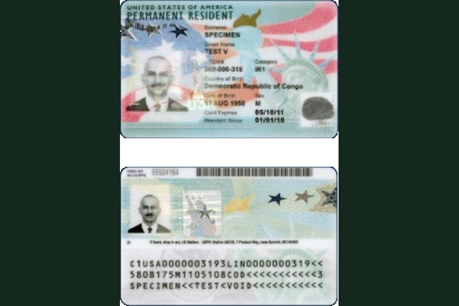 Specimen of a U.S. permanent resident card, also called a green card